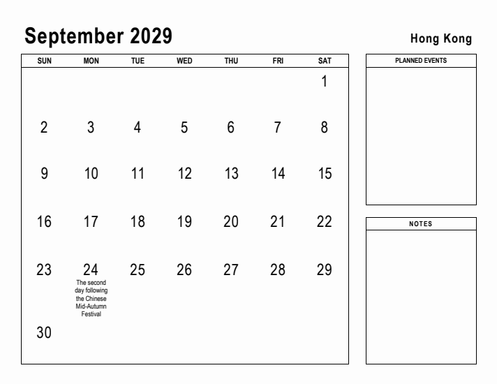 September 2029 Printable Monthly Calendar with Hong Kong Holidays
