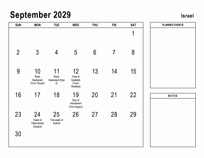 September 2029 Printable Monthly Calendar with Israel Holidays
