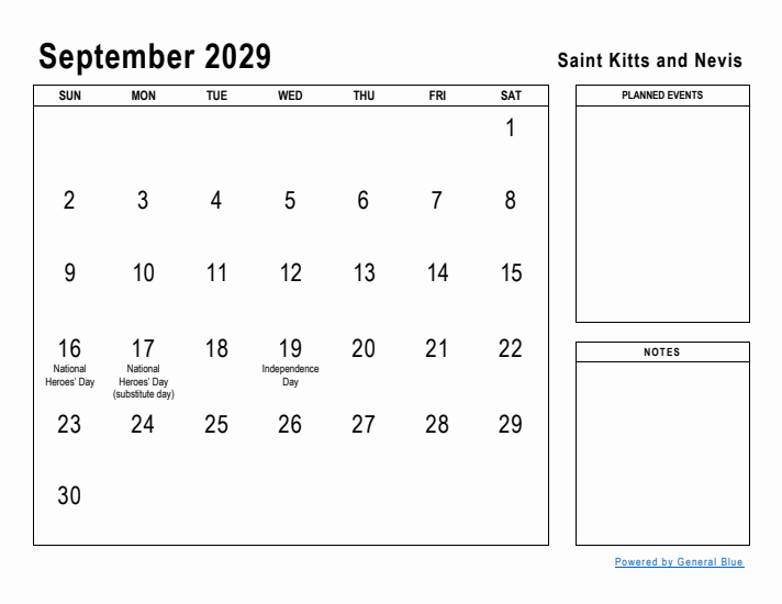 September 2029 Printable Monthly Calendar with Saint Kitts and Nevis Holidays