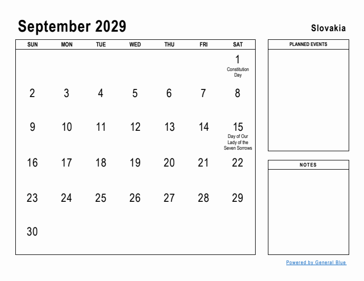 September 2029 Printable Monthly Calendar with Slovakia Holidays
