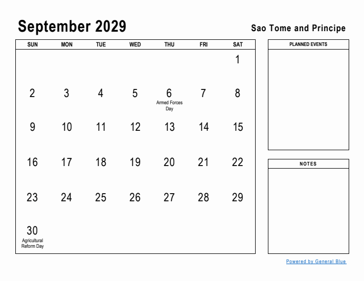 September 2029 Printable Monthly Calendar with Sao Tome and Principe Holidays
