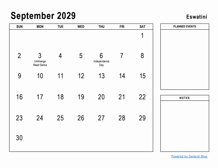 September 2029 Printable Monthly Calendar with Eswatini Holidays
