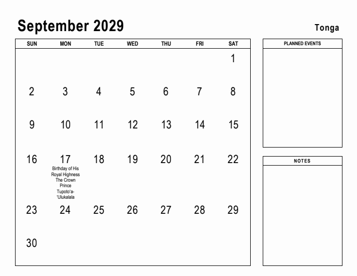 September 2029 Printable Monthly Calendar with Tonga Holidays