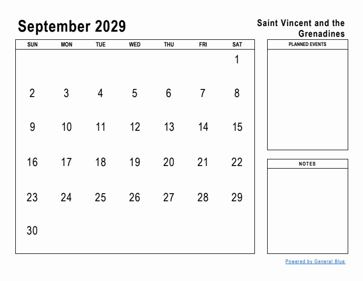 September 2029 Printable Monthly Calendar with Saint Vincent and the Grenadines Holidays