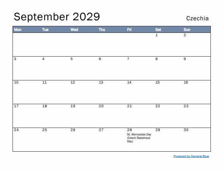 September 2029 Simple Monthly Calendar for Czechia