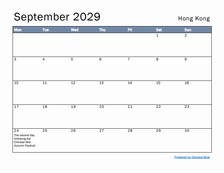 September 2029 Simple Monthly Calendar for Hong Kong