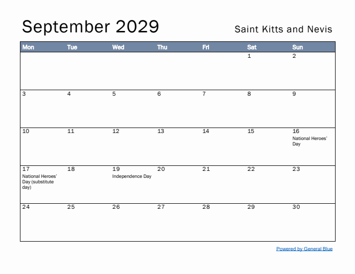 September 2029 Simple Monthly Calendar for Saint Kitts and Nevis