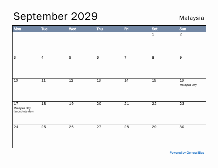 September 2029 Simple Monthly Calendar for Malaysia
