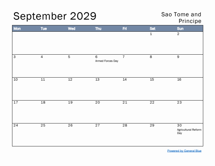 September 2029 Simple Monthly Calendar for Sao Tome and Principe