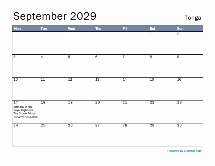 September 2029 Simple Monthly Calendar for Tonga
