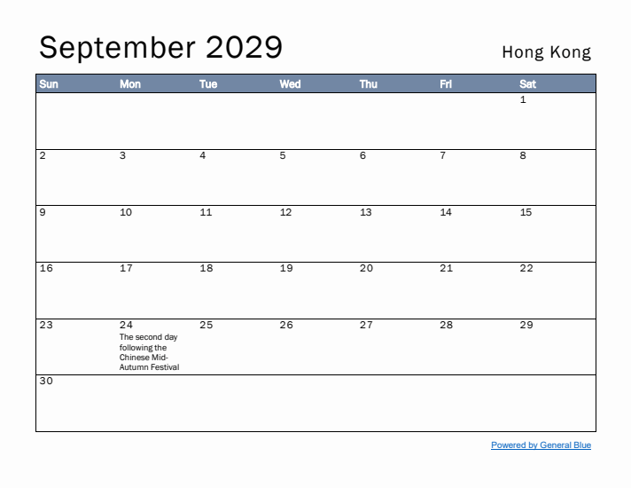 September 2029 Simple Monthly Calendar for Hong Kong
