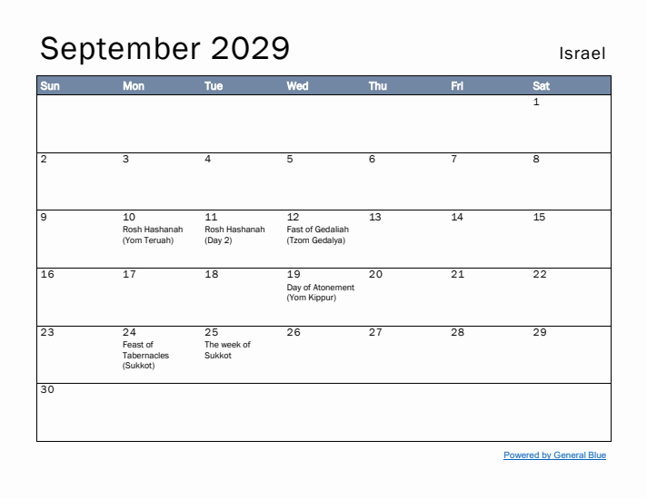 September 2029 Simple Monthly Calendar for Israel