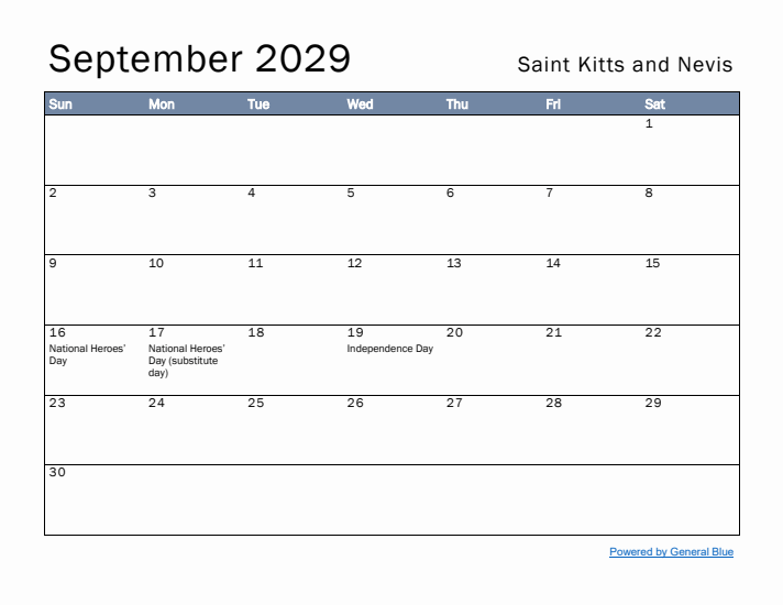 September 2029 Simple Monthly Calendar for Saint Kitts and Nevis