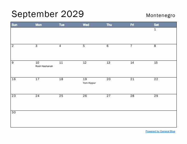 September 2029 Simple Monthly Calendar for Montenegro