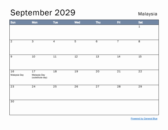 September 2029 Simple Monthly Calendar for Malaysia