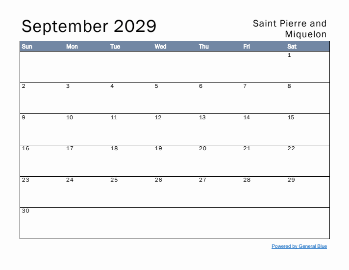 September 2029 Simple Monthly Calendar for Saint Pierre and Miquelon
