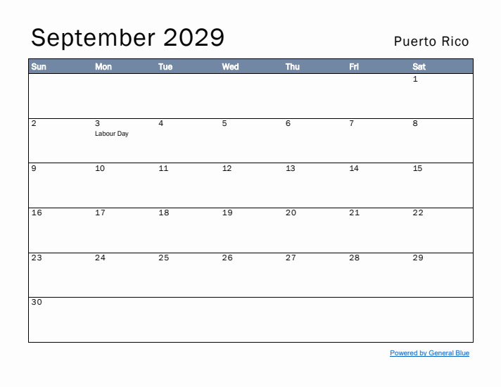 September 2029 Simple Monthly Calendar for Puerto Rico
