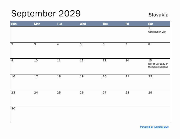 September 2029 Simple Monthly Calendar for Slovakia