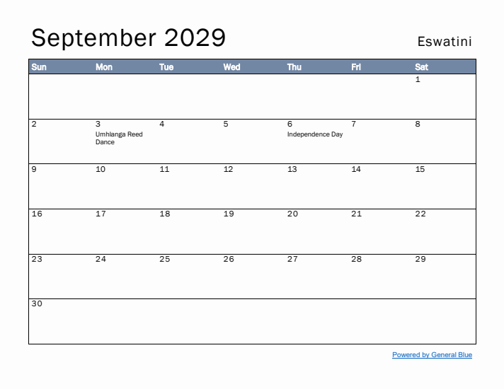 September 2029 Simple Monthly Calendar for Eswatini