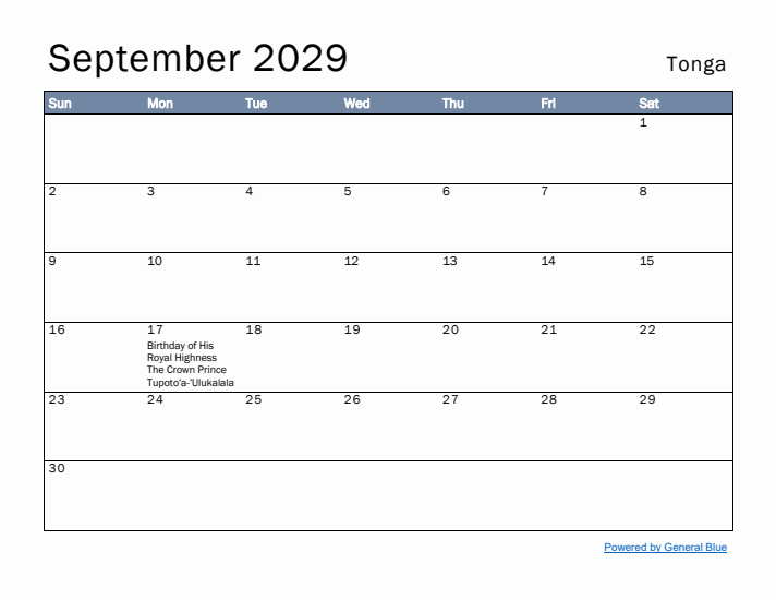 September 2029 Simple Monthly Calendar for Tonga