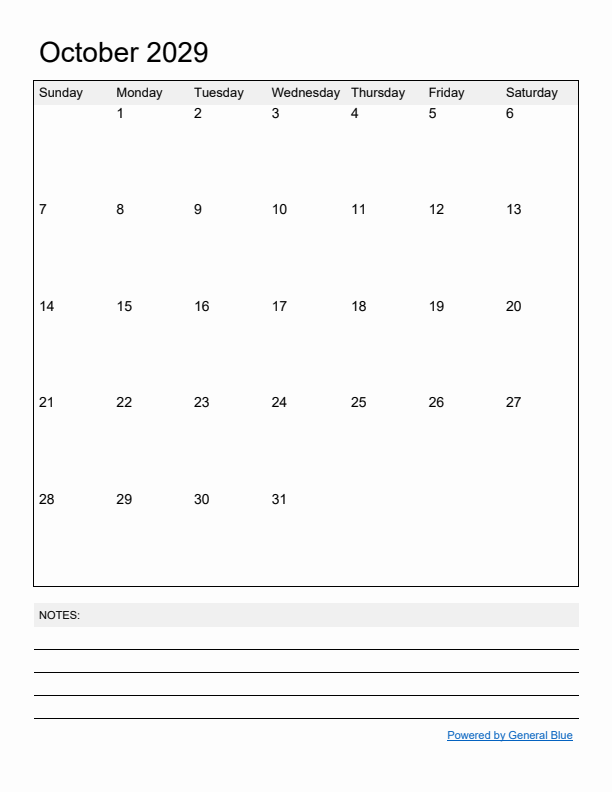 Basic Monthly Calendar Template for October 2029