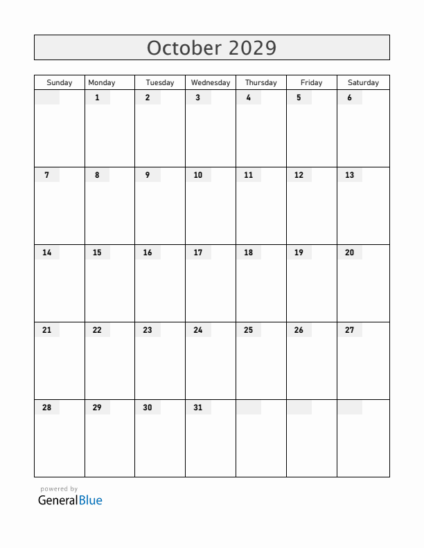 Blank October 2029 Calendar