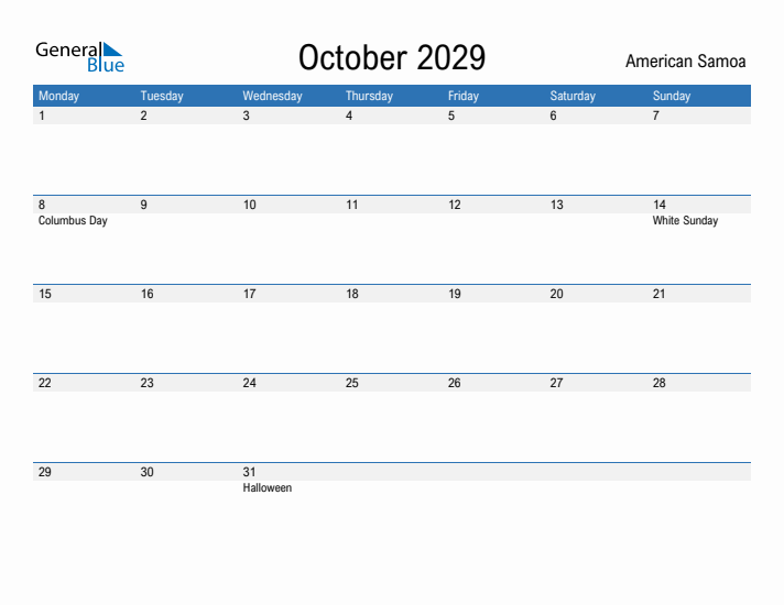 Fillable October 2029 Calendar