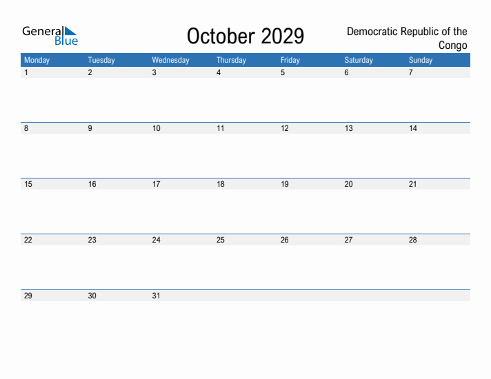 Fillable October 2029 Calendar