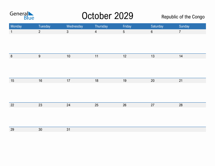 Fillable October 2029 Calendar