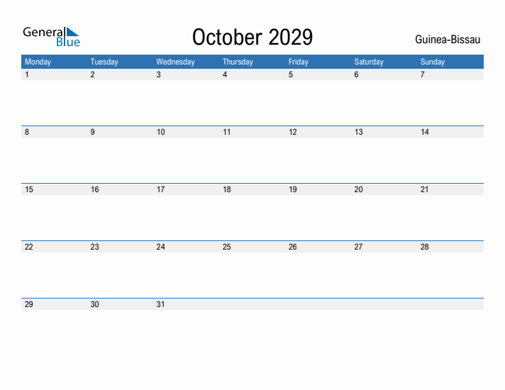 Fillable October 2029 Calendar