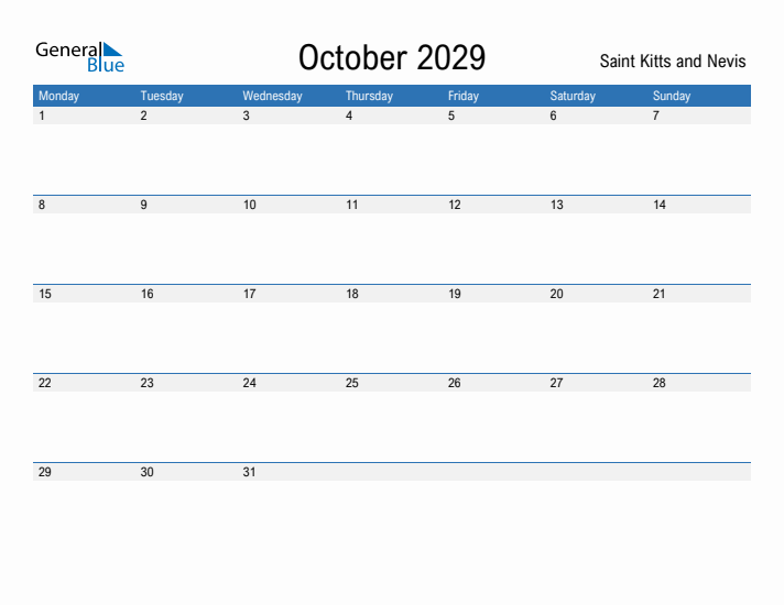 Fillable October 2029 Calendar