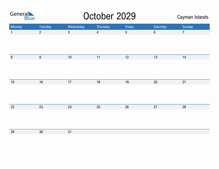 Fillable October 2029 Calendar