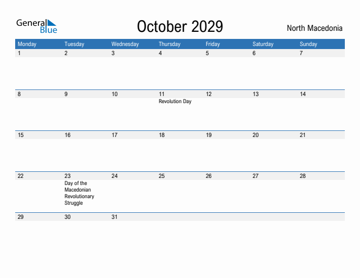 Fillable October 2029 Calendar