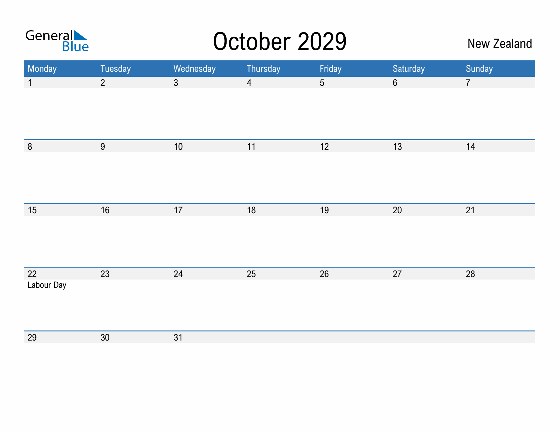 Fillable October 2029 Calendar