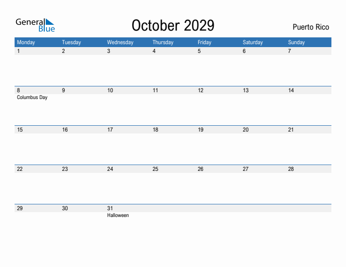 Fillable October 2029 Calendar