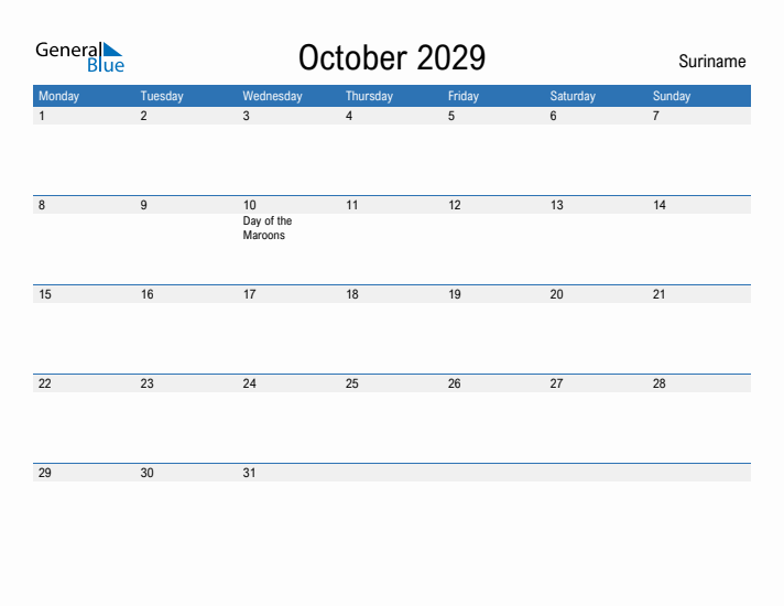 Fillable October 2029 Calendar