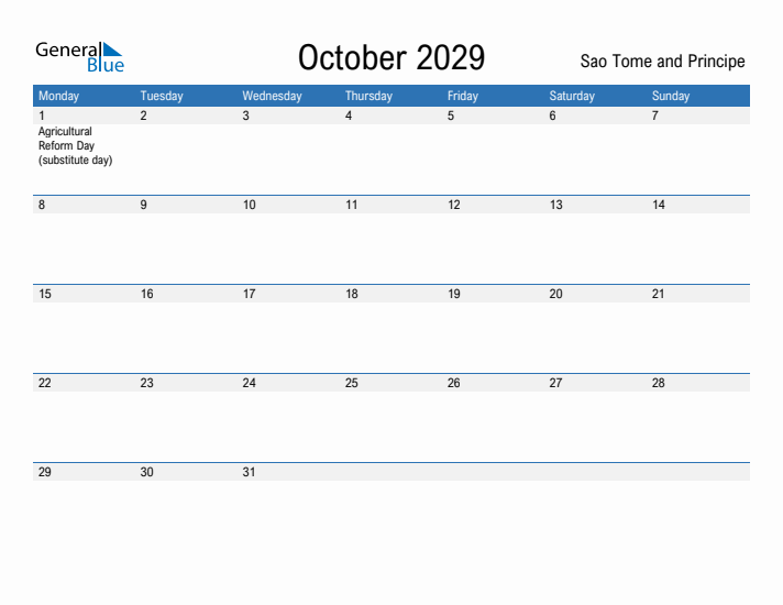 Fillable October 2029 Calendar
