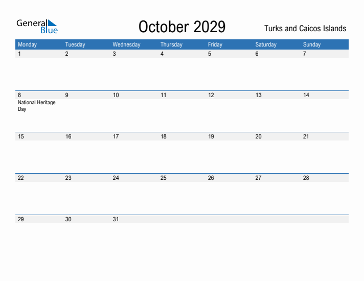 Fillable October 2029 Calendar