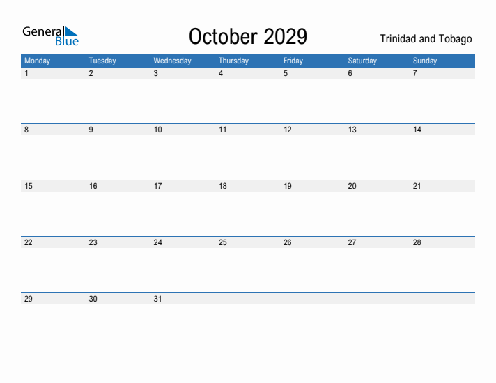 Fillable October 2029 Calendar