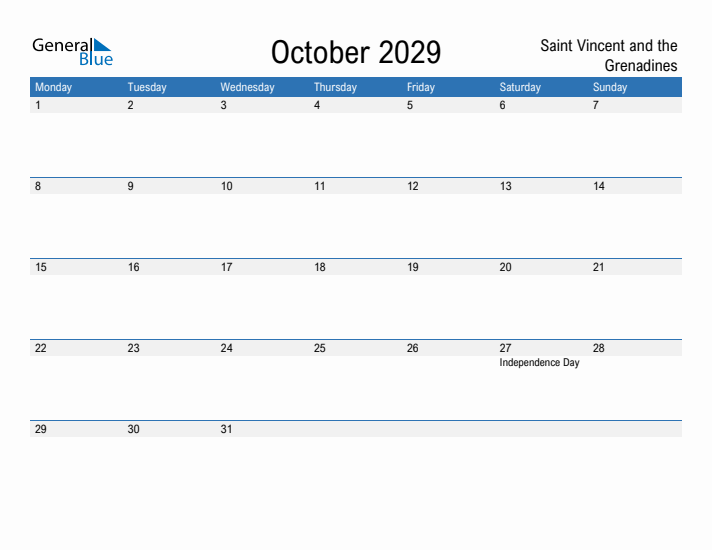 Fillable October 2029 Calendar