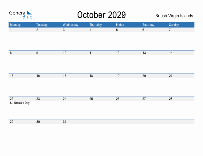 Fillable October 2029 Calendar