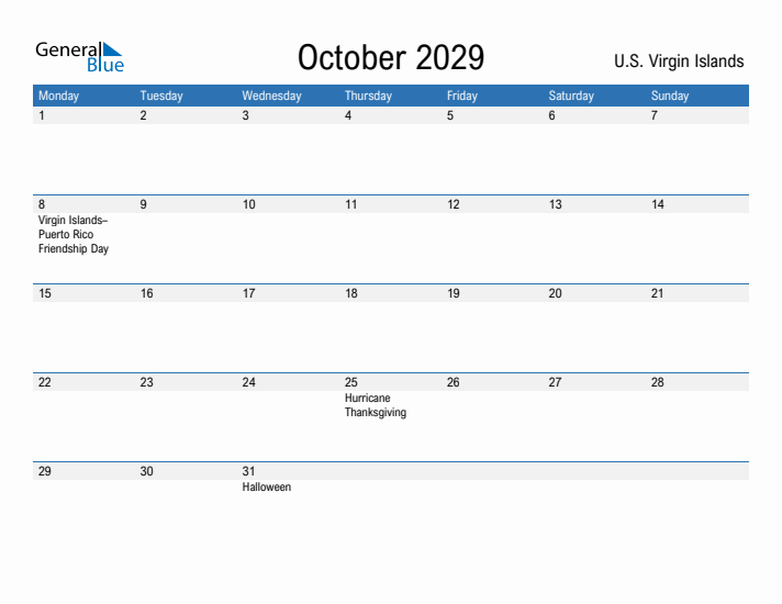 Fillable October 2029 Calendar
