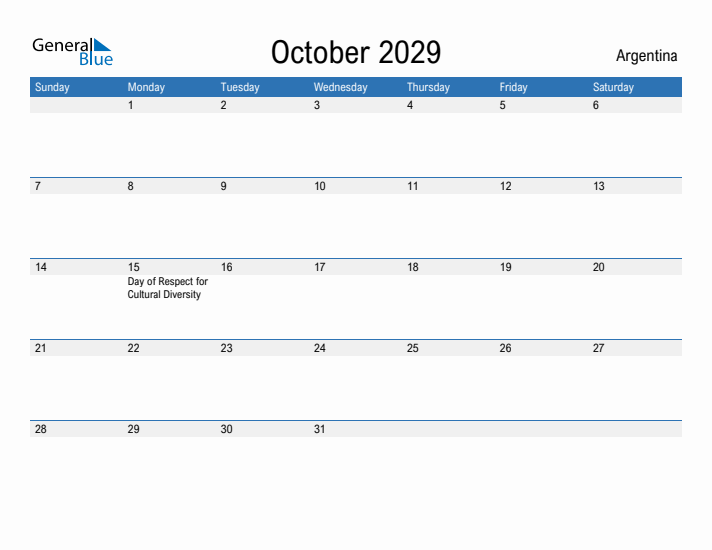 Fillable October 2029 Calendar