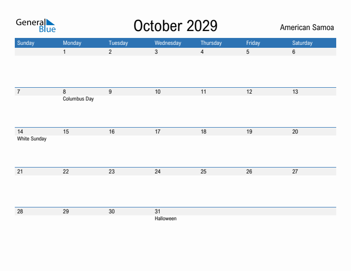 Fillable October 2029 Calendar