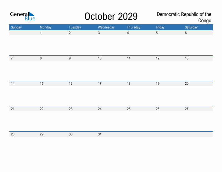 Fillable October 2029 Calendar