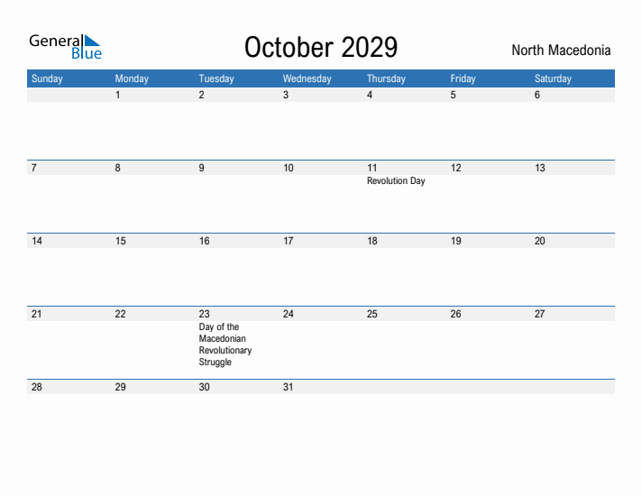 Fillable October 2029 Calendar
