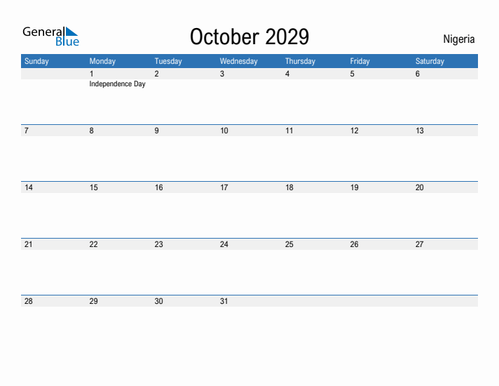 Fillable October 2029 Calendar