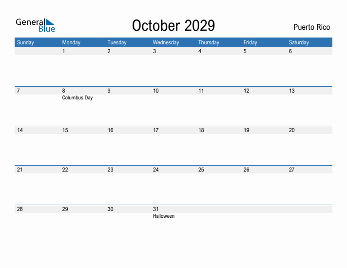 Fillable October 2029 Calendar