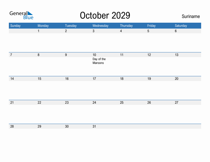 Fillable October 2029 Calendar
