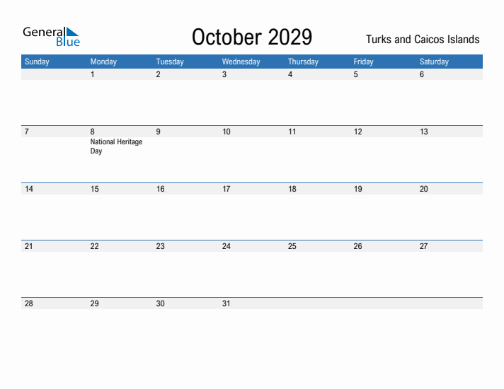 Fillable October 2029 Calendar